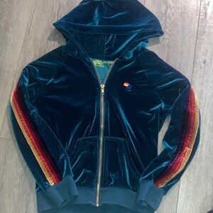 Aviator Nation Teal Velvet Hoodie with Rainbow Stripes